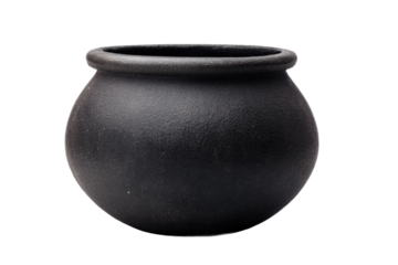 Round black ceramic pot with smooth texture on white background, cut out