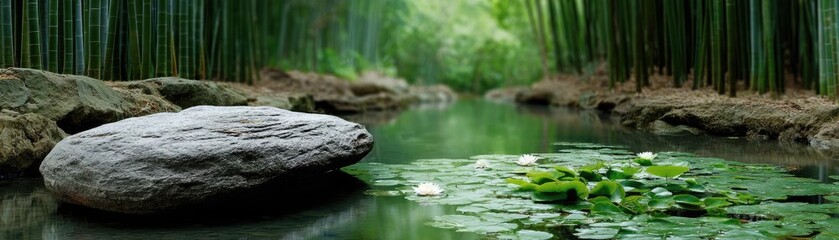 Bamboo forest for peaceful meditation and harmony concept. Lush bamboo forest surrounding a serene water body with lily pads.