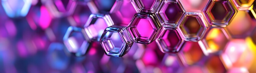 Abstract design of overlapping hexagons in vibrant colors.