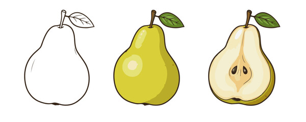 Three distinct cartoon pear illustrations: outline, full color fruit, and a detailed half-cut view with its core and seeds