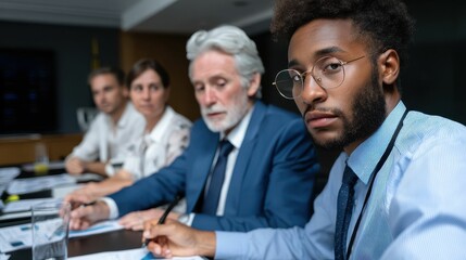 Diverse Group Engaged in Professional Meeting with Focused Expressions and Collaborative Atmosphere in Modern Office Setting