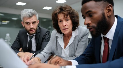 Business team collaboration in a modern office examining documents with focus and determination on a project together