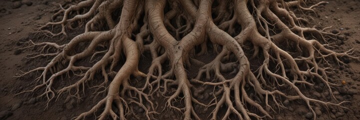 Intricate root system, intertwined, soil tones , design, shade, light