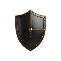 Dark medieval shield with bronze trim and studs design on transparent background