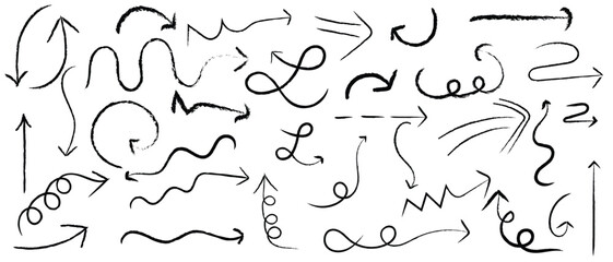 Crayon arrow sketches collection - hand drawn doodle style pointers, curved lines, round swirls. Chaotic scribbling, artistic design elements set. Black grunge brush strokes
