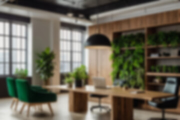 Blur background of office interior with large windows with city urban view, plants, and wooden desks at sunset. Modern workplace and urban greenery concept. Design for poster, wallpaper. Spate.