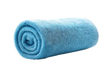 Blue rolled towel on plain black background, cut out