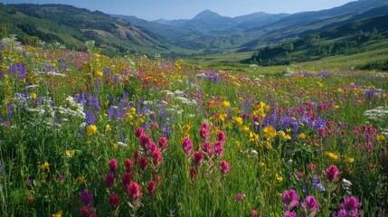 Fototapeta premium Colorful wildflower meadow in mountain valley