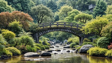 Traditional Japanese Garden -  Stone Bridge and Water Feature