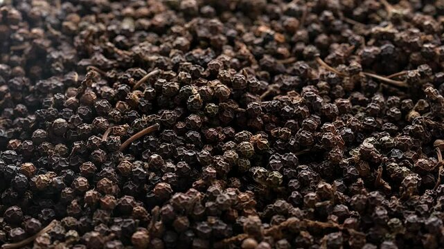 Organic black pepper kept on rotating disk. Macro video of black pepper.