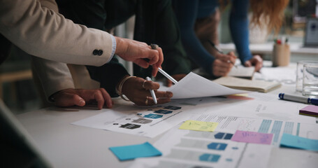 Night, business or hands of people with paper for planning, campaign management or pointing in office. Company team, workshop or sticky notes in workplace with documents, problem solving or late task