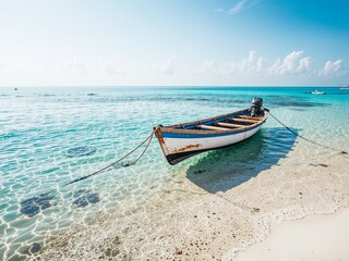 Obraz premium Coastal Serenity: Small Vessel near Shore