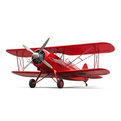 Red biplane airplane isolated on a white background with visible propeller