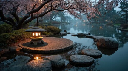 Zen landscape with serenity and tranquility in pond concept. Serene garden scene with cherry blossoms and illuminated lantern.