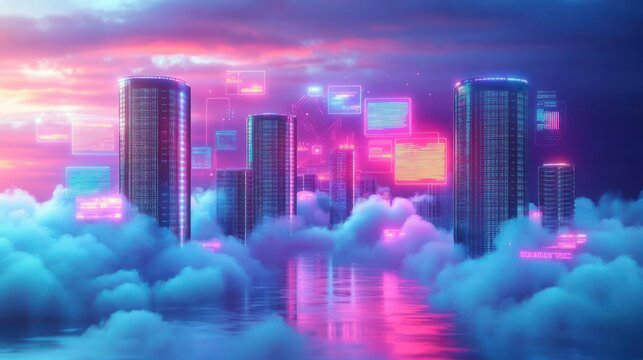 Futuristic cityscape with tall illuminated skyscrapers emerging from dense clouds under a vibrant pink and blue sunset sky with glowing digital interface elements floating around