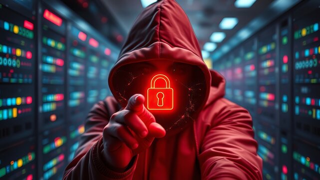 A hooded figure points at a glowing red padlock symbol in a dark server room representing cybersecurity threats. - Powered by Adobe