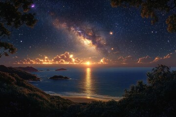 Stunning night sky filled with stars and the Milky Way above a calm ocean with distant islands and glowing clouds at sunset viewed through trees and lush foliage