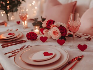 Elegant romantic wedding dinner table setting with chocolate cake and red rose