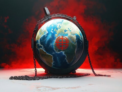 Earth trapped in metal chains with a target symbol on the surface against a dark background with fiery red smoke, representing captivity and danger