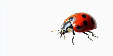 close-up of a vibrant red ladybug with black spots and detailed antennae on a white background