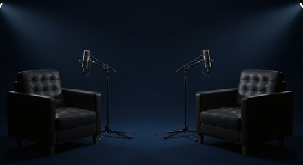 two chairs and microphones in podcast or interview room on dark background