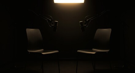 two chairs and microphones in podcast or interview room on dark background