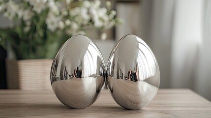 Two silver egg shaped ornaments on a wooden surface indoors day