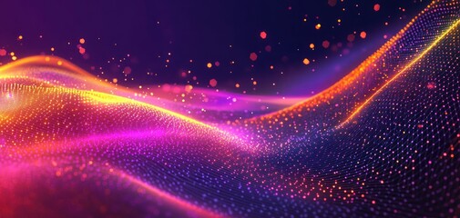 Abstract glowing wave of multicolored orange, purple, and pink light dots forming a dynamic flowing net on a dark background