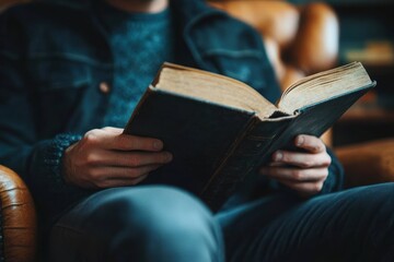 person wearing dark jacket and jeans sitting on leather chair reading an old hardcover book indoors