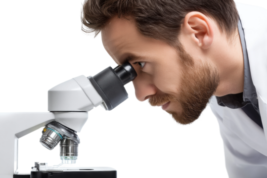 Young caucasian male scientist observing through microscope in laboratory, cut out - Powered by Adobe