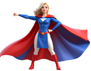 Stylized superhero with cape flowing, bold pose, comic-style