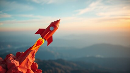 A red paper rocket launches from a mountain peak at sunset symbolizing new beginnings and ambitious goals for success.