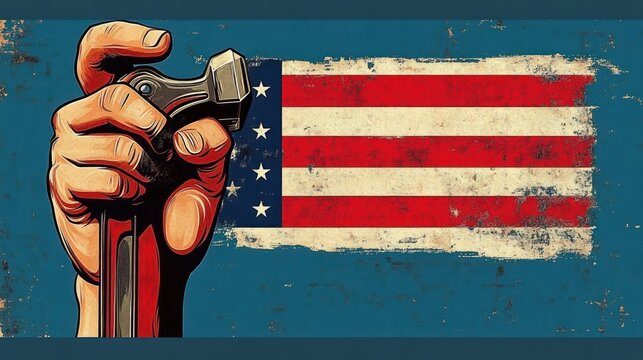 Illustration of a strong hand gripping an adjustable wrench with a distressed American flag background symbolizing strength and labor