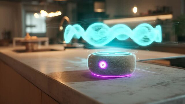 High-detail smart speaker on kitchen counter, glowing hologram UI popping up, cozy futuristic home scene