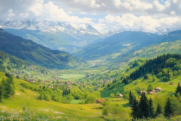 Obraz premium Lush green valley dotted with small houses and trees under a cloudy sky with snow-capped mountains in the background, evoking peace and natural beauty