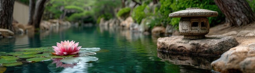 Fototapeta premium Tranquil atmosphere for serenity with peaceful pond view concept. A serene garden scene featuring a water lily and stone lantern.