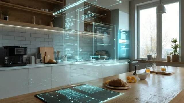 Modern kitchen with smart device, realistic holographic interface floating above, daily life in high-tech home
