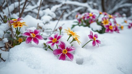 Obraz premium Vibrant pink and yellow flowers bravely bloom amidst a blanket of fresh winter snow in a garden scene.