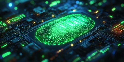 Close-up of a glowing green digital fingerprint displayed on a futuristic circuit board with illuminated electronic components and pathways