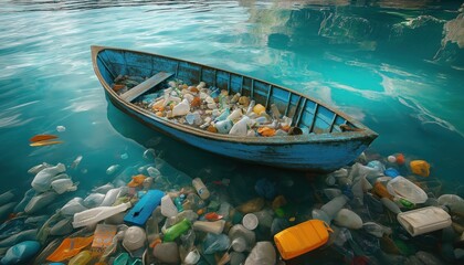 Obraz premium Boat Overflowing with Plastic Waste in Polluted Ocean Water, Environmental Crisis