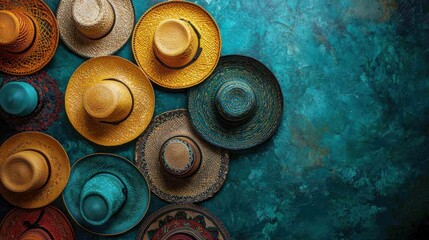 Colorful straw hats, various patterns and shades, artfully arranged on teal background