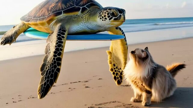 A whimsical sea turtle on a surfboard glides above a curious cat on a sunny beach, an unlikely and amusing animal interaction