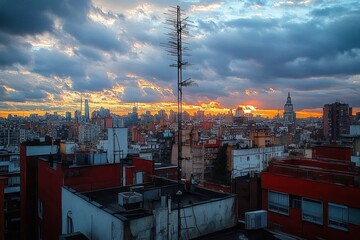Urban cityscape at sunset with dramatic clouds, diverse buildings, rooftop antennas, and vibrant colors showcasing a city transitioning from day to night