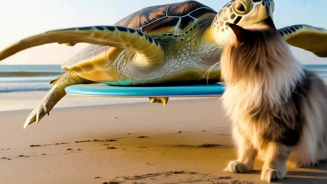 A whimsical sea turtle on a surfboard glides above a curious cat on a sunny beach, an unlikely and amusing animal interaction