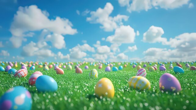 A field of colorful easter eggs scattered across green grass under a bright blue sky with clouds - Powered by Adobe