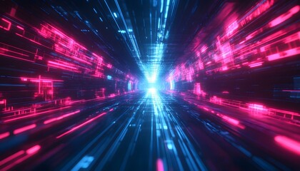 Obraz premium Digital tunnel with vibrant neon lines.