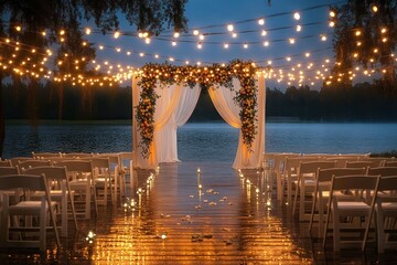 Romantic outdoor wedding ceremony setup on lakeside wooden dock with floral arch, draped curtains, string lights, and rows of white chairs at dusk