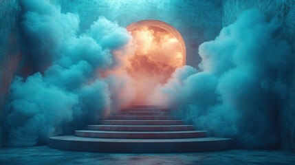Surreal Staircase Leading to Orange Sky Through Teal Smoke Clouds
