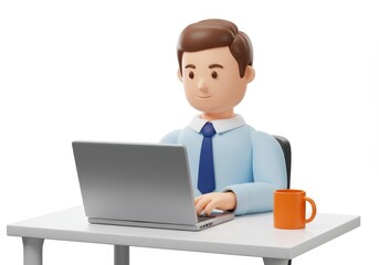 3D Illustration of 3d render of cartoon man working on laptop at desk with coffee mug isolated on white background