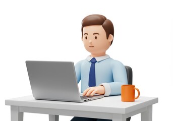 3D Illustration of 3d render of a businessman working on a laptop at a white desk with an orange coffee mug isolated on white background